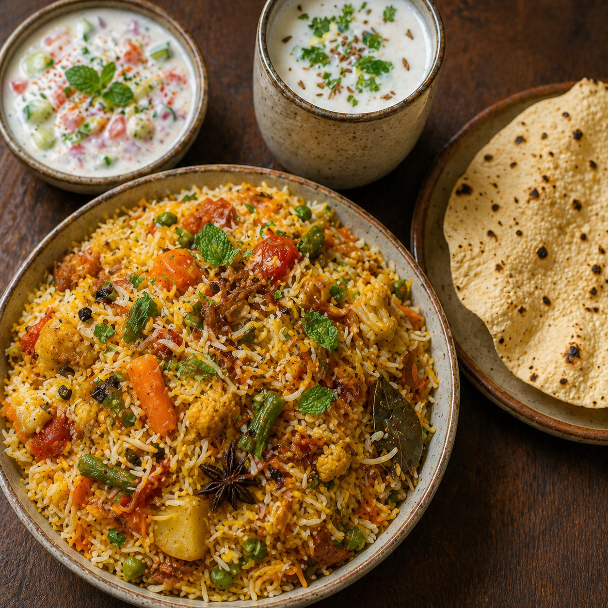 Veg Biryani + Veg Raita + Buttermilk + Roasted Papad